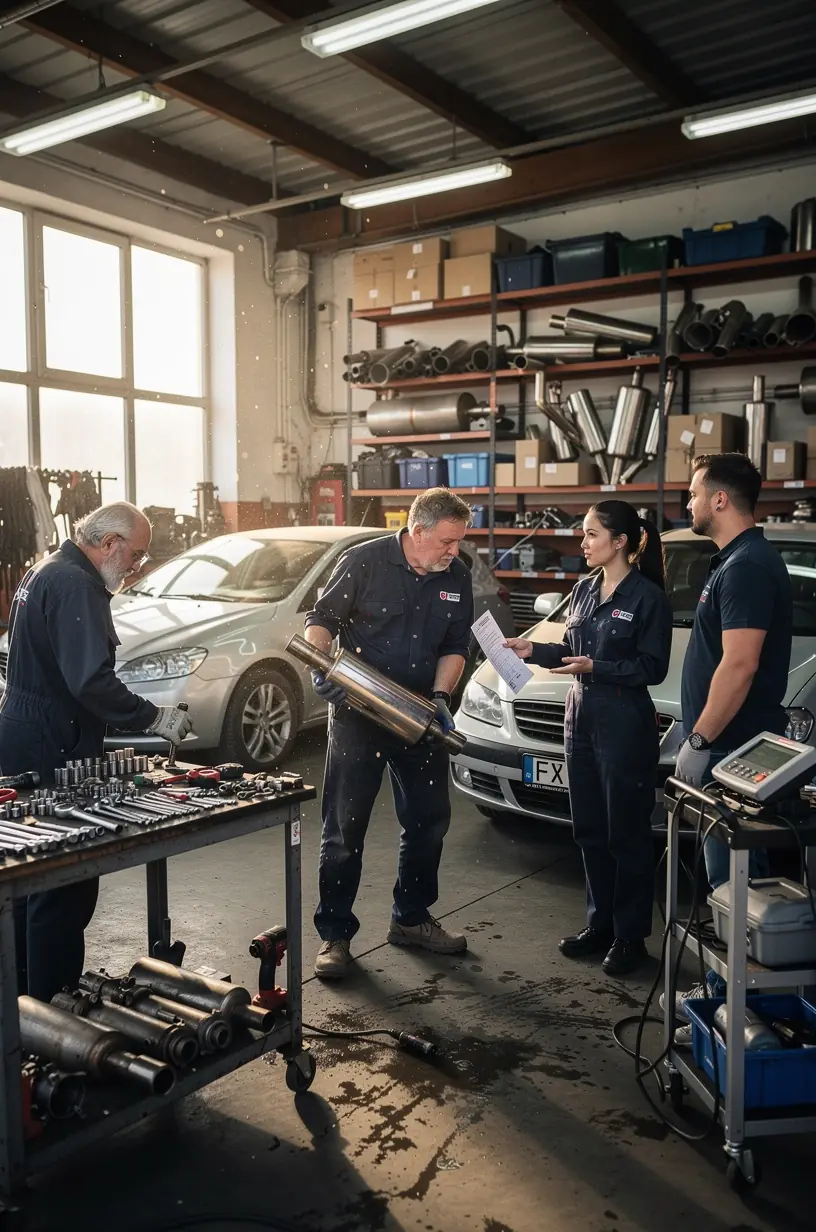 Pracovník servisu meria emisie výfukových plynov vozidla pomocou špecializovaného meracieho prístroja v autoservise